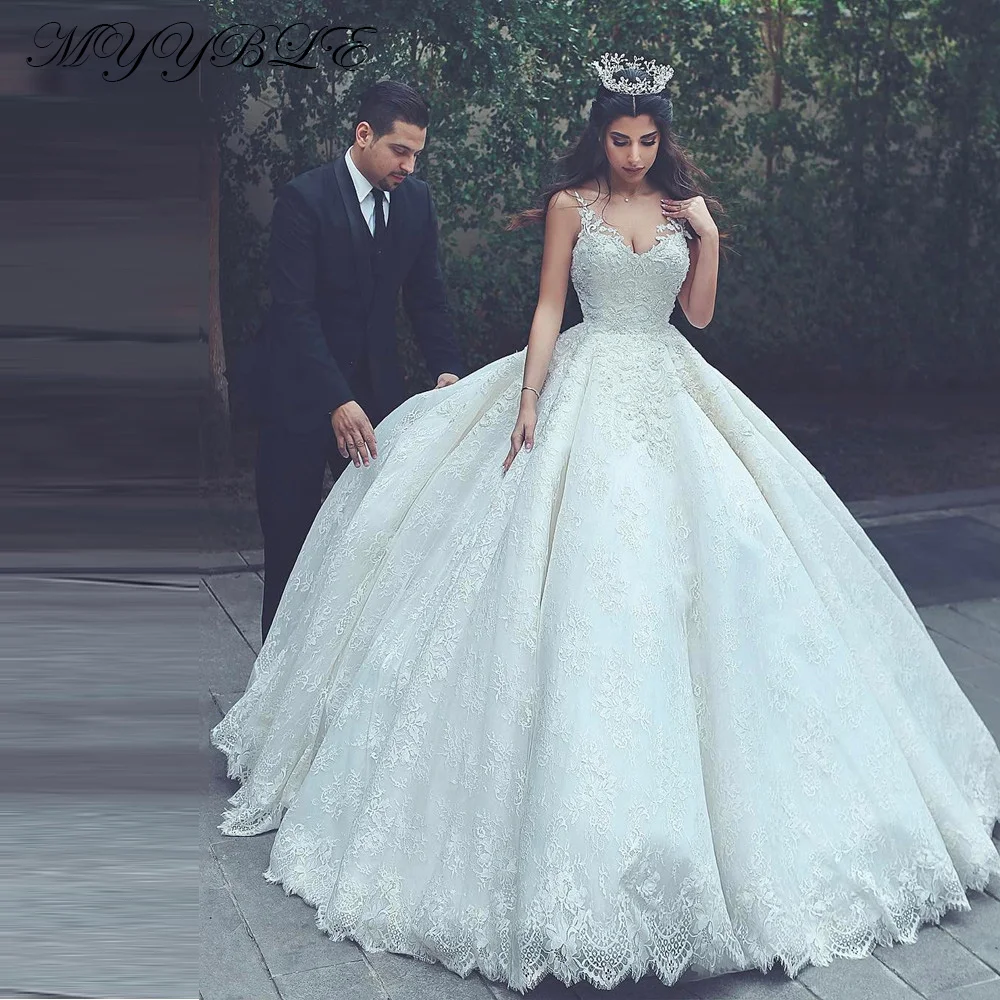 Ultimi abiti da sposa musulmani in pizzo con abito da ballo in pizzo 2021 spalline con scollo a V abiti da sposa con lacci sul retro Plus Size