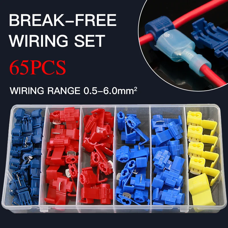 65pcs Line Connector 10-24A Terminal Joint Blue Red Quick Connection Clip Wire Crimp Splitter Lip Break Clamp Soft Distributor