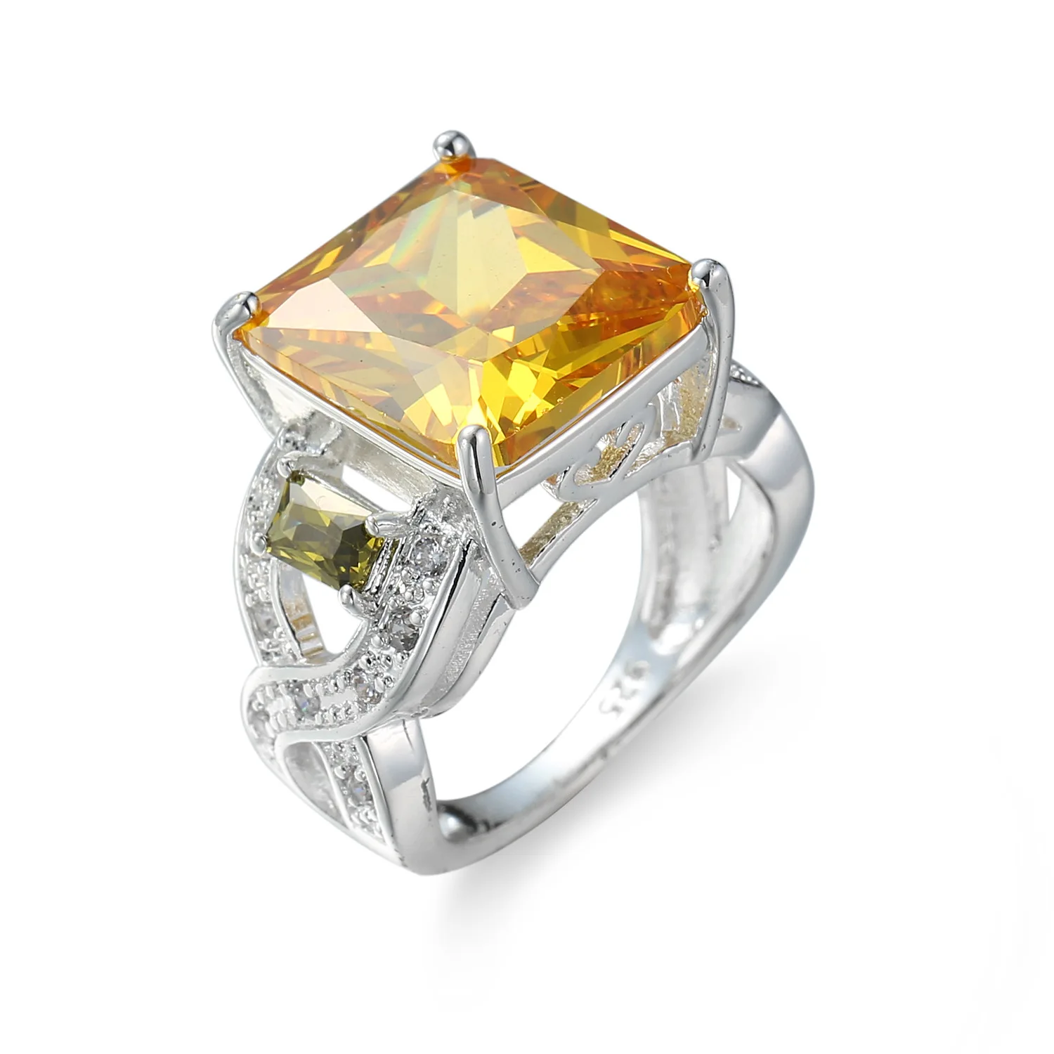 Luxury Romantic CZ Big Crystal Silver Plated 2021 France Fashion Womne AAA Yellow Zircon Ring Charm Women Wedding Jewelry