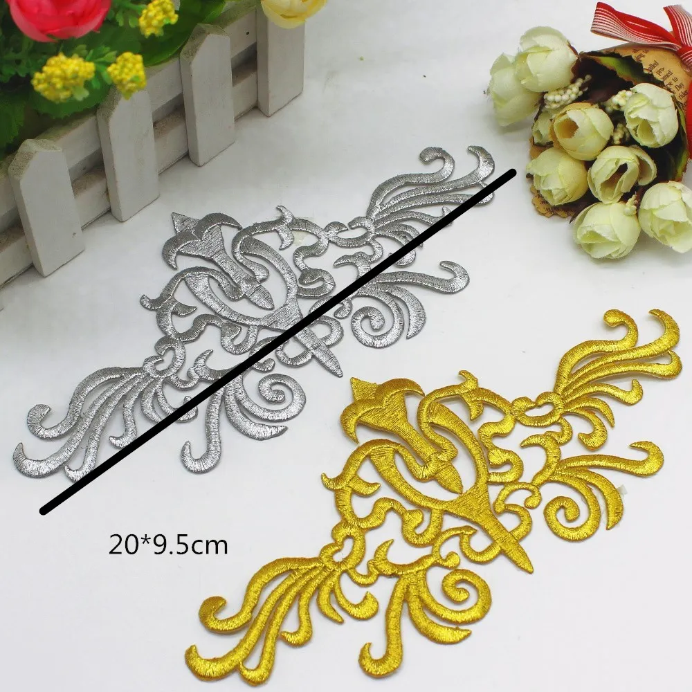 Gold Embroidered Patches Iron On Flower Vintage Diy Trims Shiny Metallic Gold And Silver  20.5cm*10cm