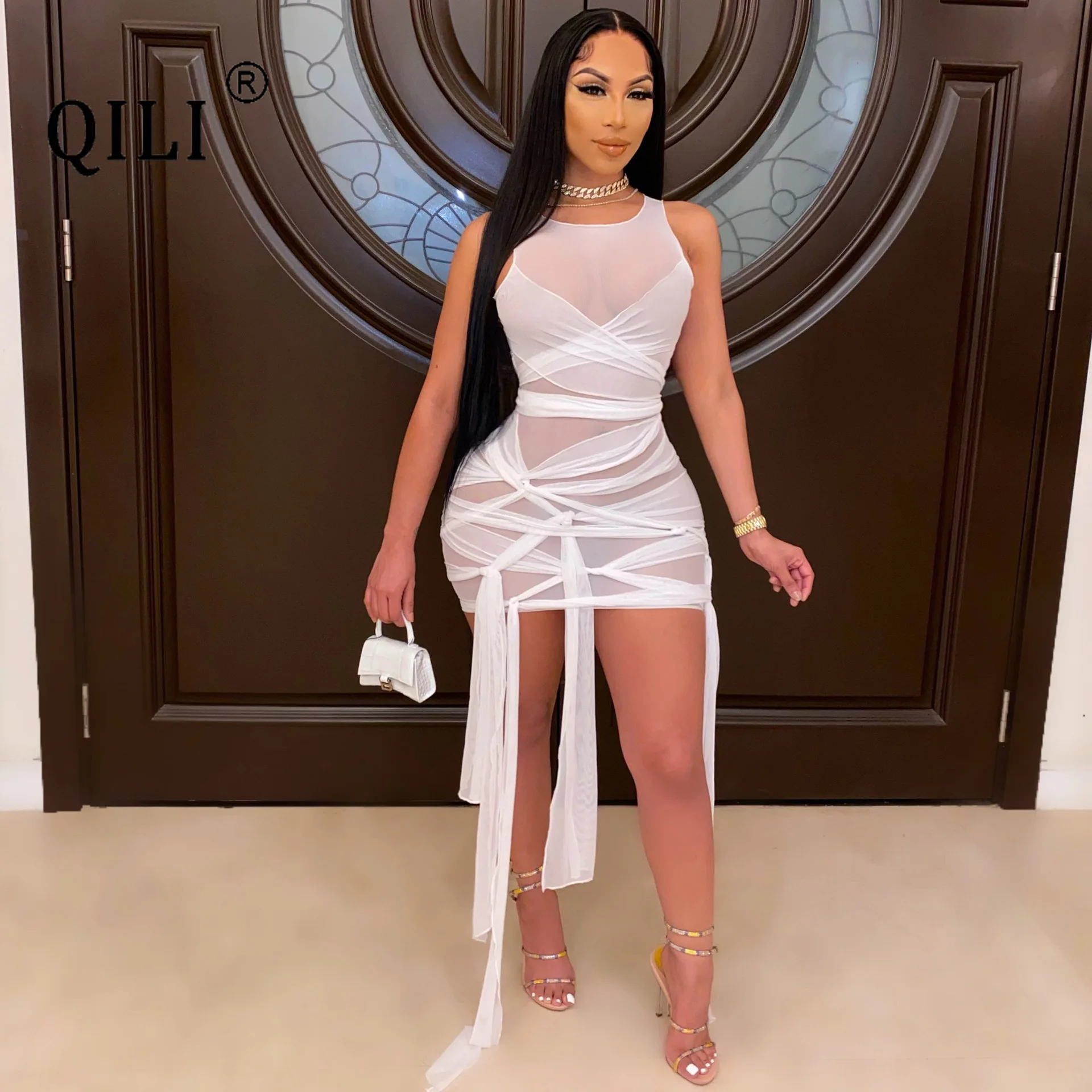 QILI-Sexy Bandage Dress, See Through Mesh, Sleeveless Sheath Mini Dresses,  Night Club Party, Black, Pink, White, Red, XS-XXL New - AliExpress 200000345
