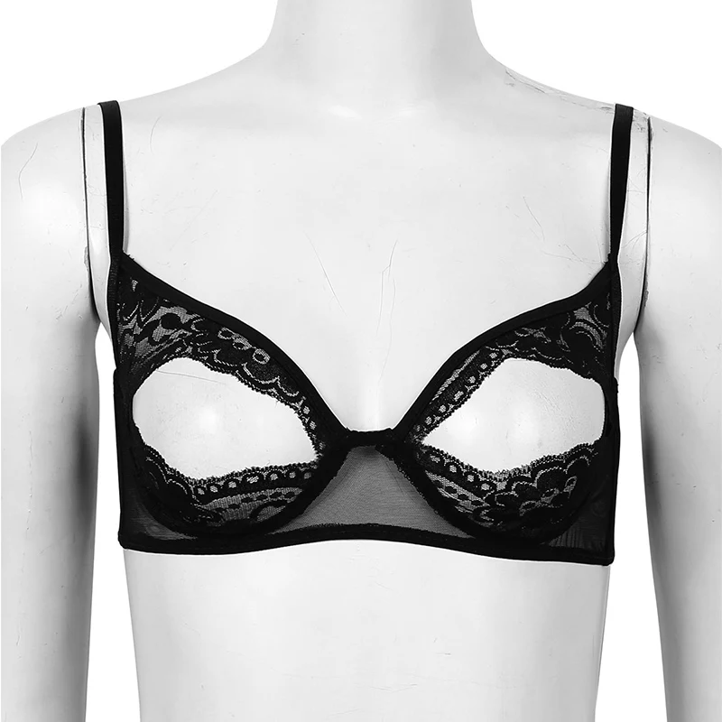 TiaoBug Women Lingerie Sheer Lace Floral Adjustable Spaghetti Straps Nipple Split Bralette Wire-free Unlined Open Cups Sexy Bra