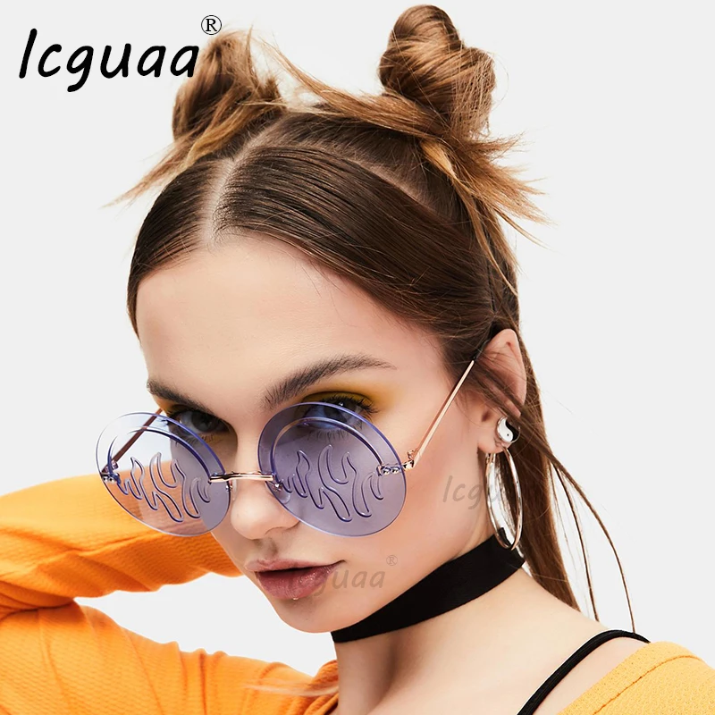 Fashion Round Hollow Fire Shape Sunglasses Female Rimless Hollow Flame Mountain Lens Eyewear Male Sun Glasses Frameless Shades