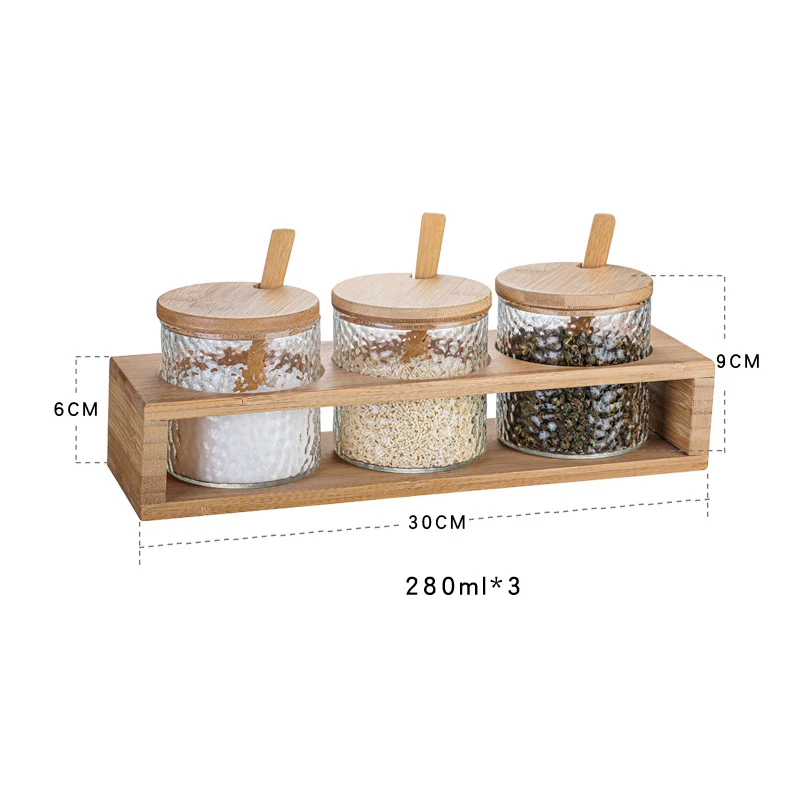 3 PCS Set Glasses Spices Jars With Spoon Bamboo Seasoning Shelf Sugar Salt Storage Bottle Organizer Tray Condiment Display Box