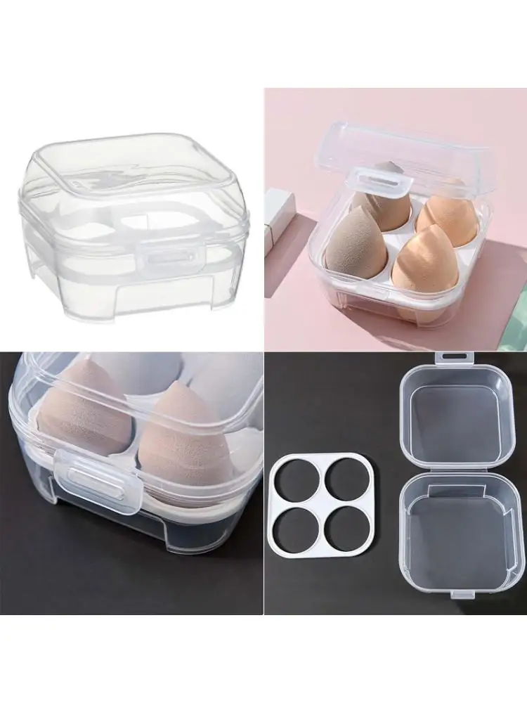 Transparent 4 Grids Travel Beauty Powder Puff Storage Box Makeup Egg Drying Case C63B