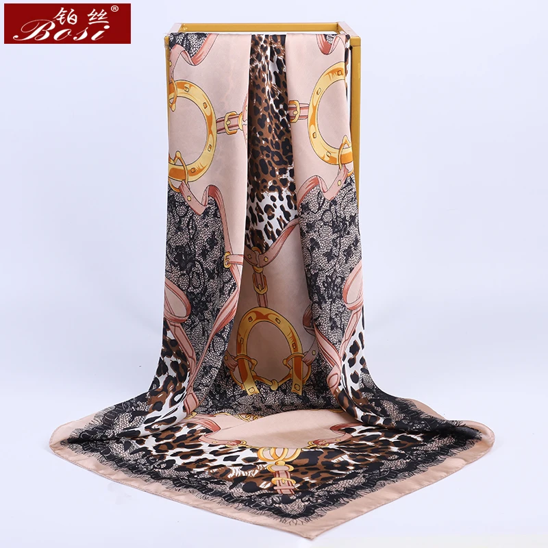 BOSI Fashion 90*90cm Square Leopard print pink Silk Satin Scarf for Women Shawl Chain print Spring Elegant Luxury Brand Scarves