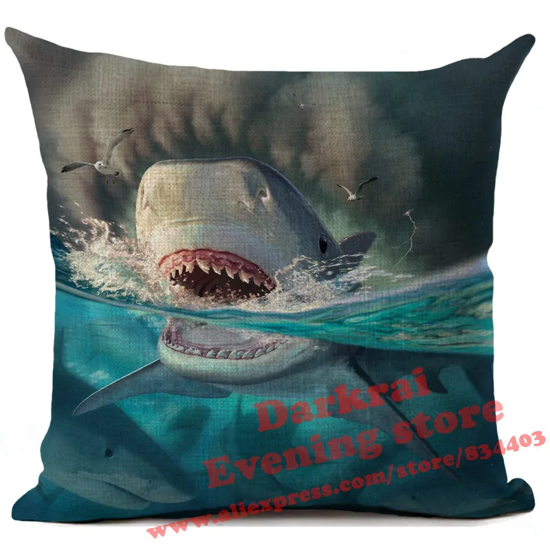 Cushion Cover Jaw Shark Printed Linen Pillow Cover Car Sofa Decorative Throw Pillows Home Decoration Pillowcase 45x45cm