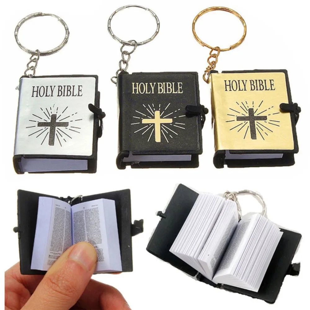 Mini English HOLY BIBLE Keychains Christian Jesus Cross Muslim Keyrings Women Bag Charm Prayer God Bless Key Holder Accessories