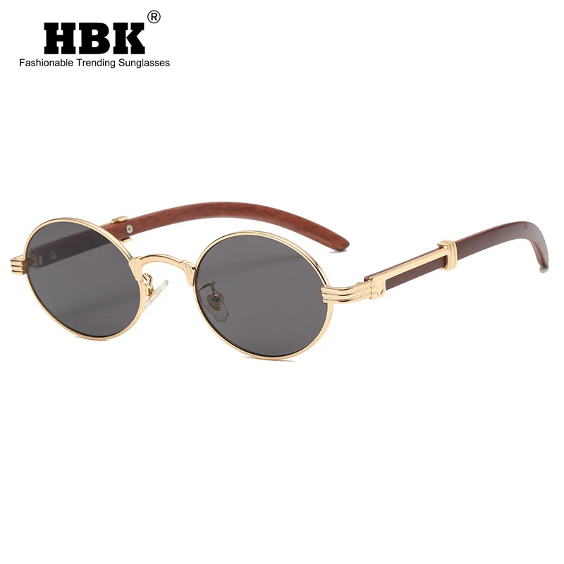 HBK New Ellipse Vintage Punk Sunglasses Men Luxury Brand Wood Fashion Sun Glasses Women Small Round Circle Eyewear Shades UV400