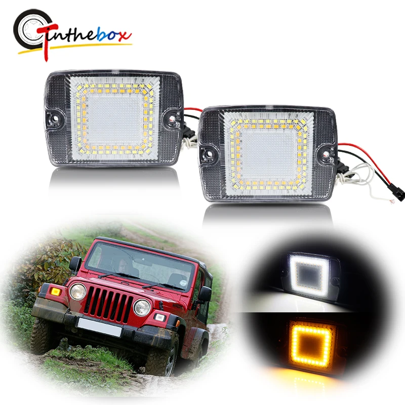 Dual-color Amber LED Front Turn Signal Light w/ White DRL Daytime Running Light /Driving Light For 1987-1995 Jeep Wrangler YJ