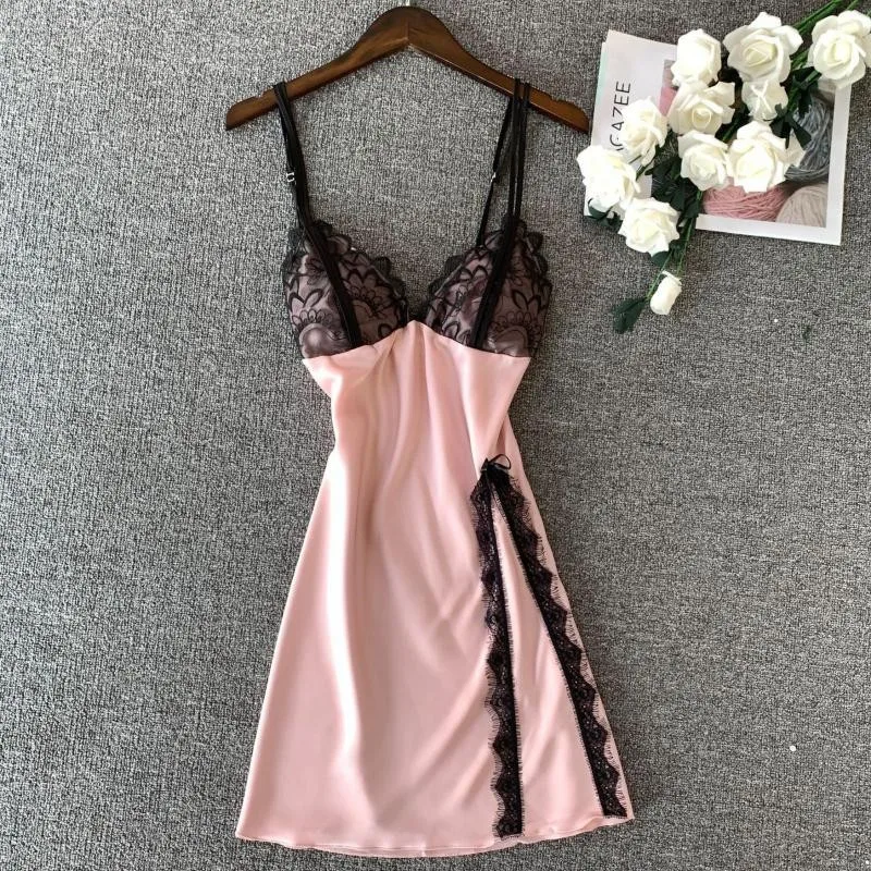 Summer Mini Nightgown Women Lace Sleep Dress Sexy V-neck Sleepwear Satin Silky Nightdress Female Spaghetti Strap Sleepwear