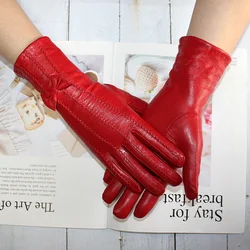 Guantes de piel de oveja de cuero para mujer a rayas de longitud media más terciopelo cálido otoño e invierno a prueba de viento envío gratis