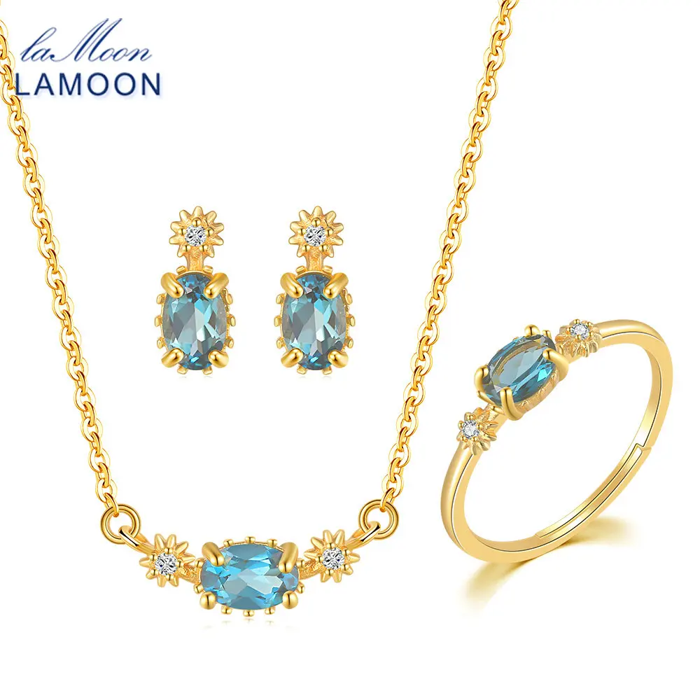 LAMOON Vingtate 925 Silver Jewelry Set For Women Star Natural London Blue Topaz 14K Gold Plated Fine Jewelry Brithday Gift V076