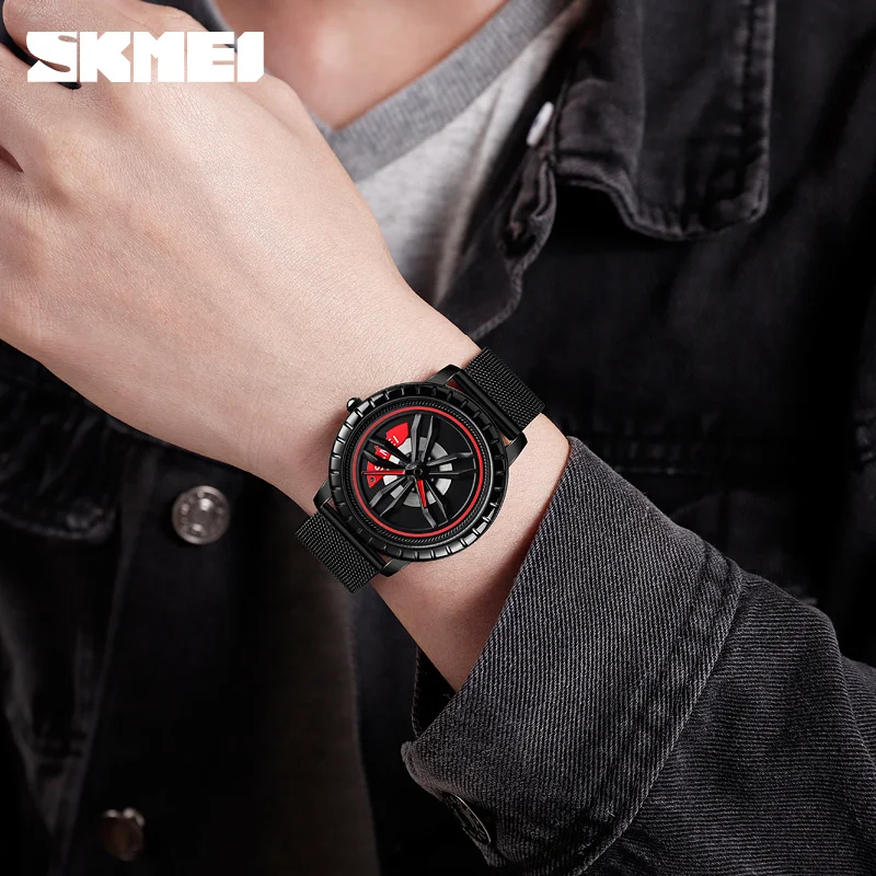 SKMEI Top Brand Car Wheel Rotation Creative Fashion Watch For Men Sport Quartz Gift Will Be Rotating Decompression Watch1634