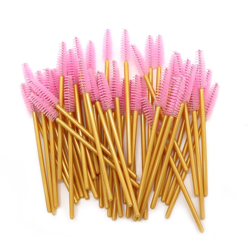 New Arrived 200pcs Golden Handle Yellow Brushes Nylon Disposable Mascara Wands Lashes Makeup Brushes Eyelash Extension