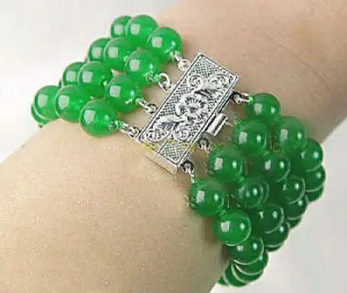 

4 Rows 8mm Emeralde Green Jade Beads Flower Clasp Women Bangle Bracelet