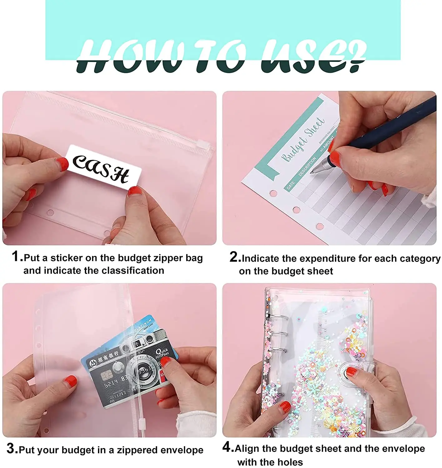 A6 PVC Sequins Notebook Binder Financial Organizer/Cash Envelopes/Monthly Finance Journal/Expense Tracker,Personal Account Book