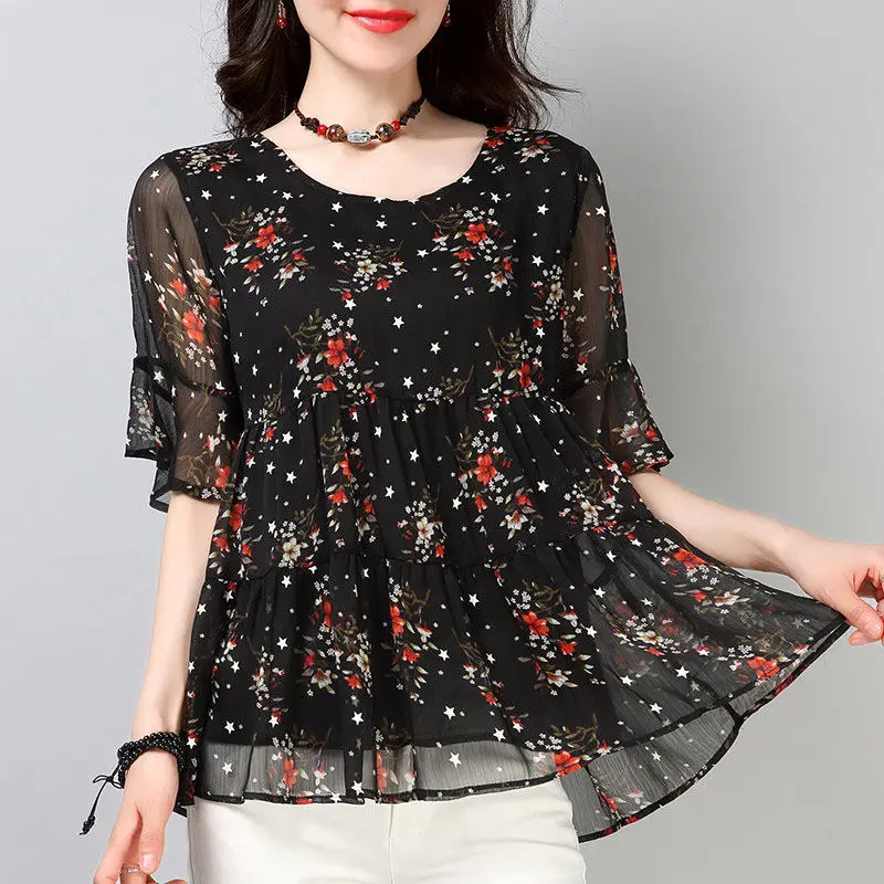 

Women Elegant Floral Blouse Tops Female Fashion Short Sleeve Chiffon Bottoming Round Neck 5XL Shirt