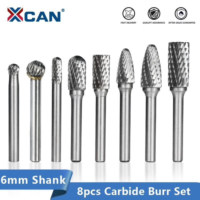 XCAN Carbide Rotary Burr 8PCS 6mm Shank Rotary Cutter File for Metal Milling  Double Cut Rotary Burr File