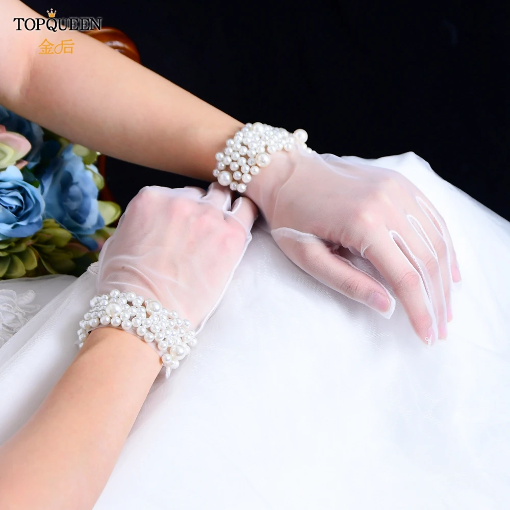 TOPQUEEN M01 Bride Gloves Pearl Ladies Gloves Dinner Prom Stage Elegant Lady White Lace Pearl Bridal Gloves Wedding Finger DIY