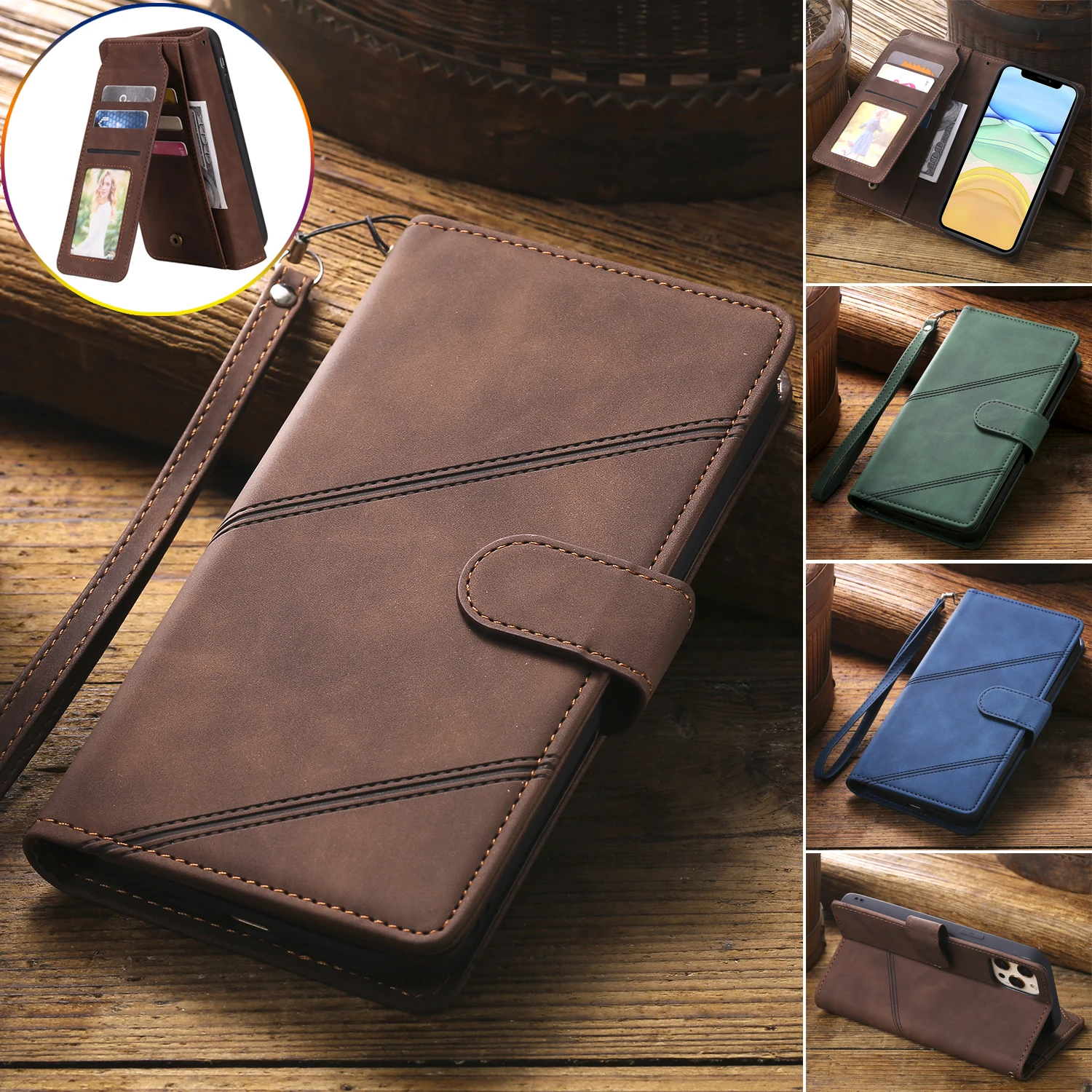 

Leather 9 Card Slots Case For S20 Ultra S21 FE S22 S10 S9 Plus S8 Note8 Note9 10 Pro Note20 Flip Cover Stand Bag Luxury Holder