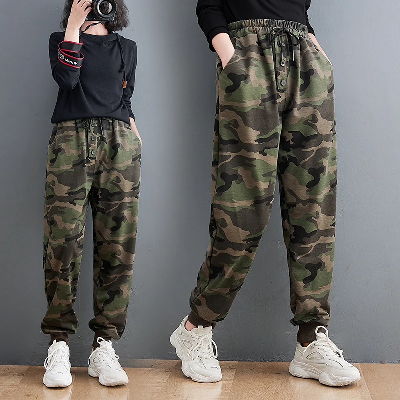 

New Autumn Women’s Camouflage Pants Knitted Fashion Leisure Versatile Sweatpants Pocket Button Loose Harem Pants Female Trousers