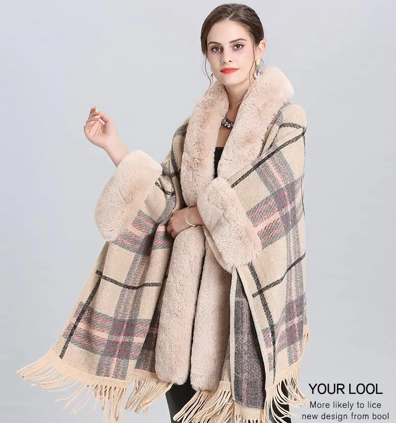 4 Colors Women Winter Thick Striped Loose Poncho Big Pendulum Capes Tassel Faux Fur Collar Bat Sleeve Long Outside Coat With Hat