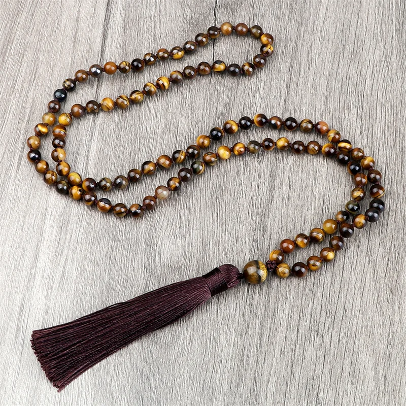 6mm occhio di tigre collana di pietra donna uomo nappa marrone 108 perline Mala collane annodate meditazione Yoga fascino gioielli firend regalo