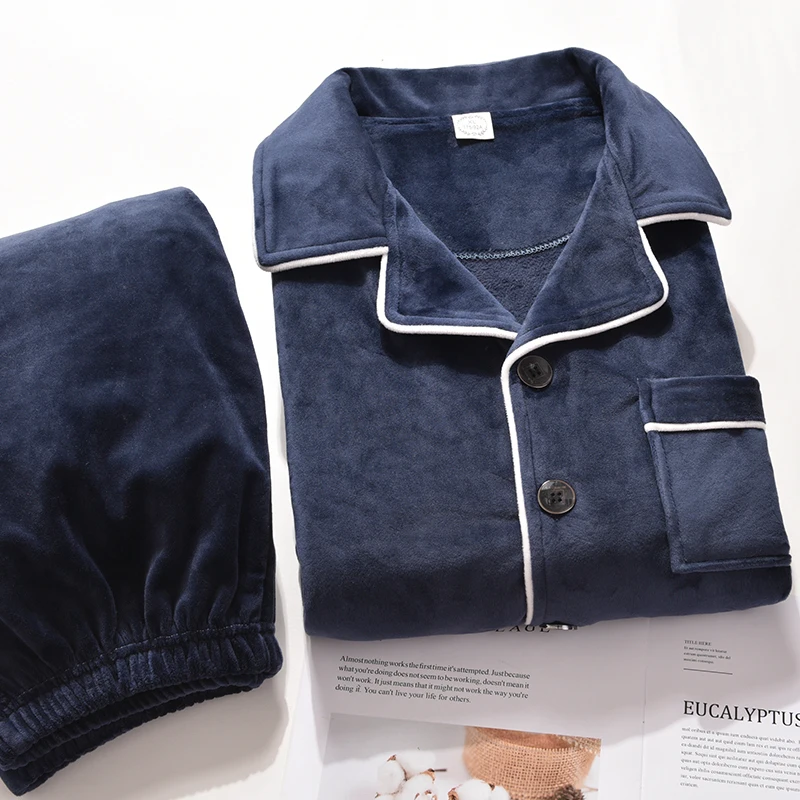 Winter Flannel Pajamas Men PJ Full Sleeves Homeclothes Warm Pijama Coral Fleece Sleepwear Thicken Soft Gray Pyjama Homme