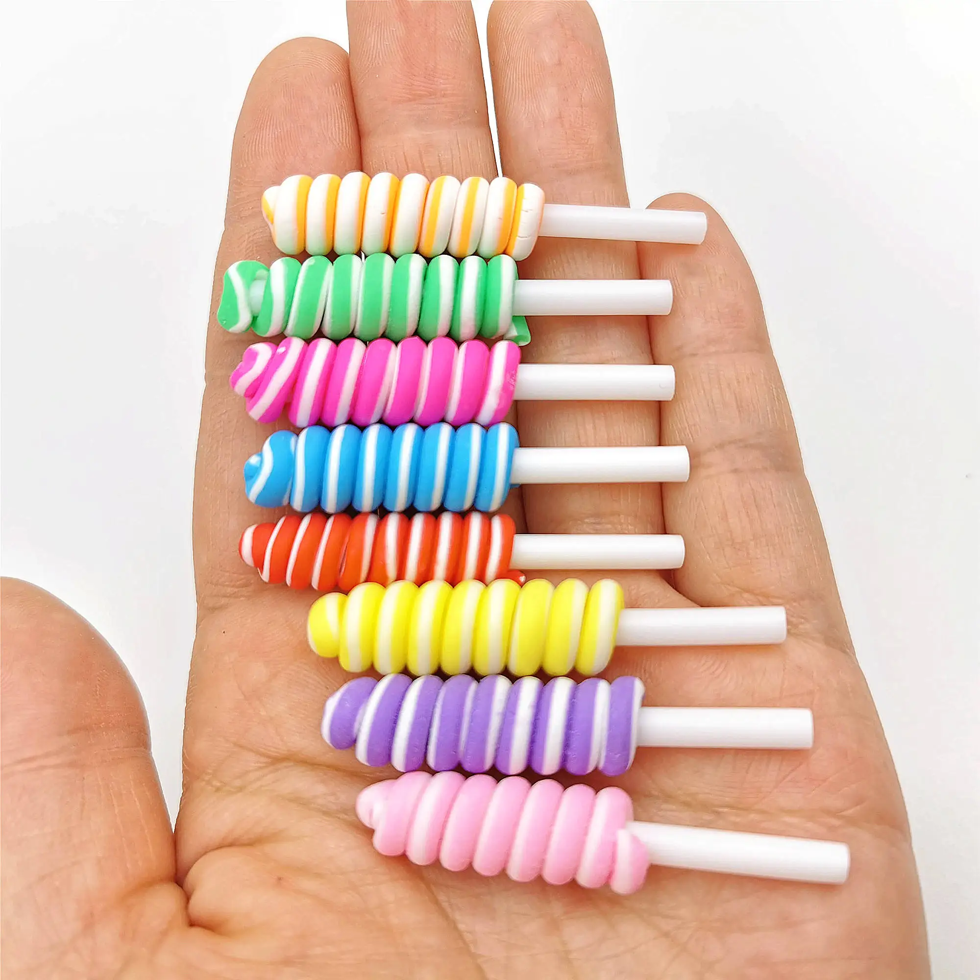 8pcs 9*48mm Kawaii Miniature Clay Swirl Lollipop, Round Lollipop, Clay Candy for Crafts Making, Scrapbooking DIY