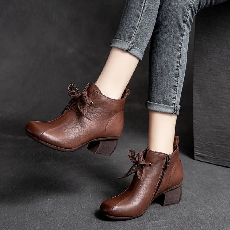 

New Ankle Boots Women Round Toe Thick Heels 2021 Autumn Winter Genuine Leather Shoes Short Boots Soft Sole Footwear