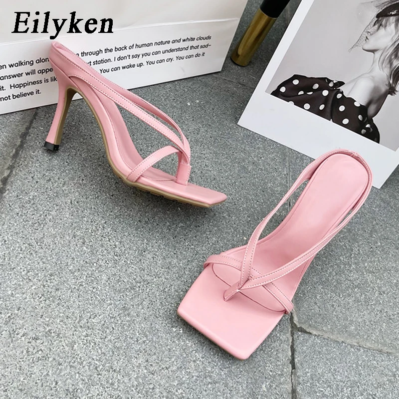 Eilyken 2024 New Slipper High Heels Shoes Fall Best Street Look Females Square Head Toe Clip-On Strappy Women Sandals Slides