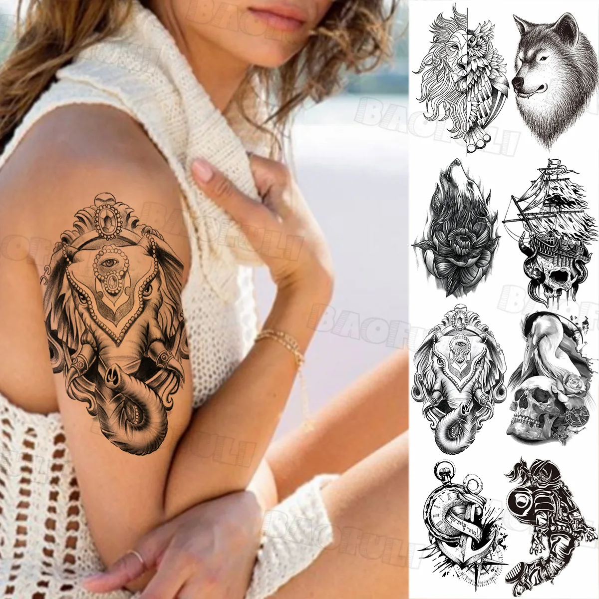 Indian Ganesha Elephant Temporary Tattoos For Women Men Realistic Wolf Skull Fake Tatoos Transfer Compass Tattoo Sticker