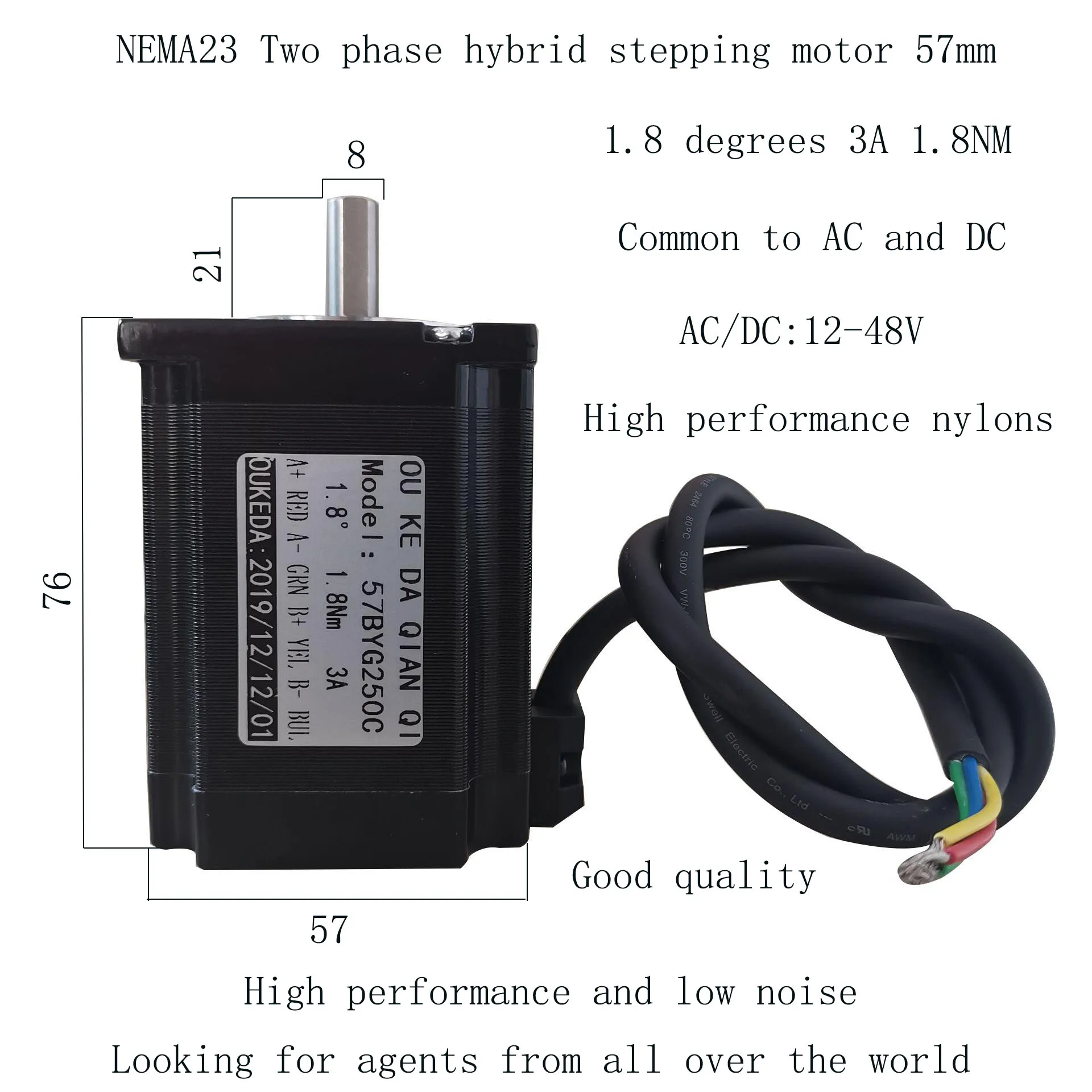 

57 stepper motor 57BYG250C shaft diameter 8mm 1.8NM two-phase four-wire