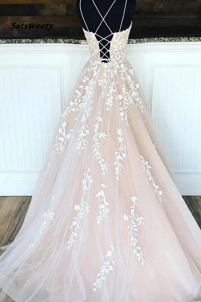 Uma linha de apliques Tule renda vestidos de baile, cintas princesa espaguete, rosa, vestidos novos, 2024