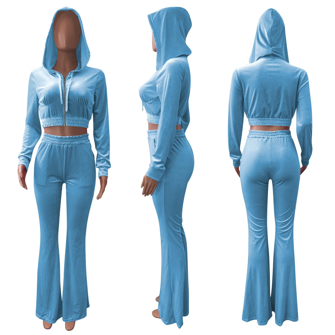 2021 Autumn Winter Women Outdoor Casual Sports Solid Velvet Two Piece Set Crop Top and Flare Pants Tracksuit Sweatsuit Outfits