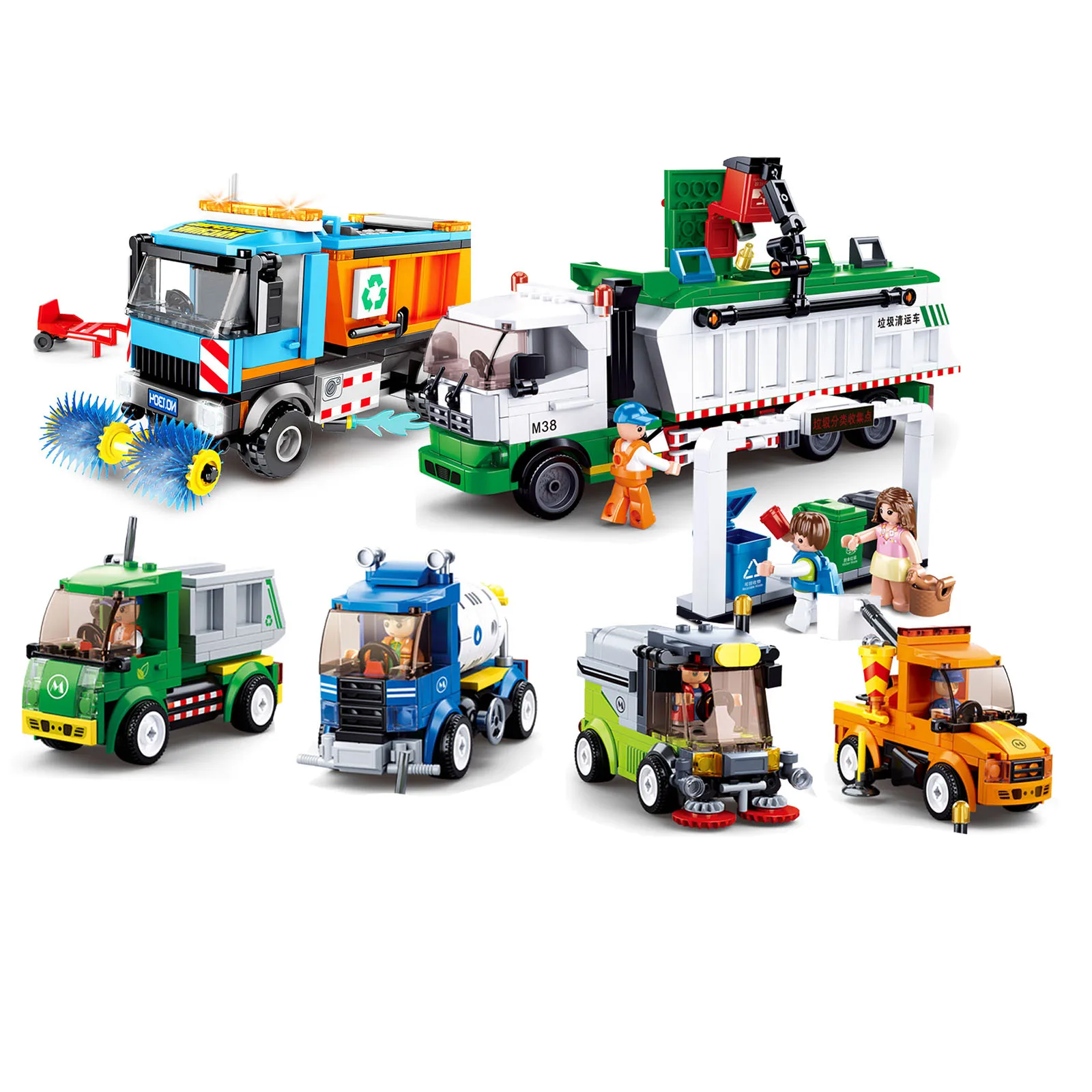 City Town Building Block Street Road Sweeper Garbage Truck Sprinkler Trash Truck Watering Car Educational Bricks Toy