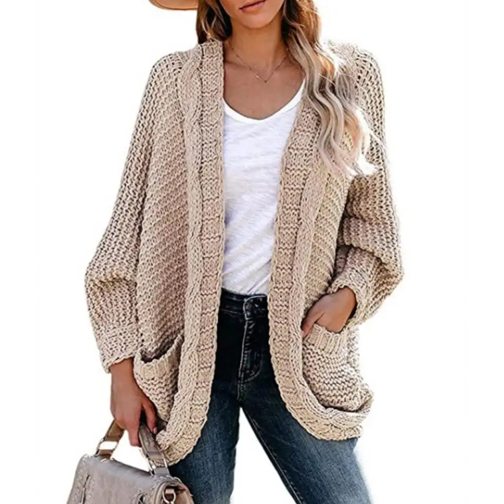 65%  Dropshipping!!Winter Women\'s Jacket Solid Color Knitted Pocket Loose Large Size Cardigan Sweater