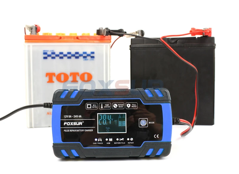 FOXSUR Car Motorcycle Battery Charger 12V 8A 24V 4A Smart Fast Charging for AGM GEL WET EFB Lead Acid Battery Charger