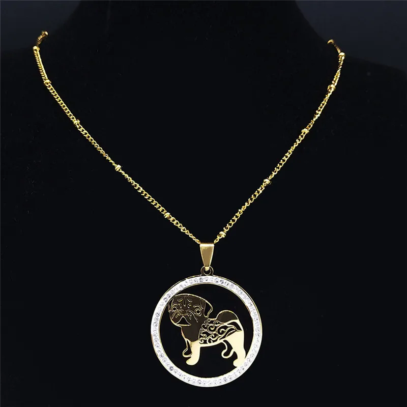 Pug Dog Stainless Steel Crystal Necklace Pendant Women Gold Color Chain Necklace Jewelry bijoux femme N133S01