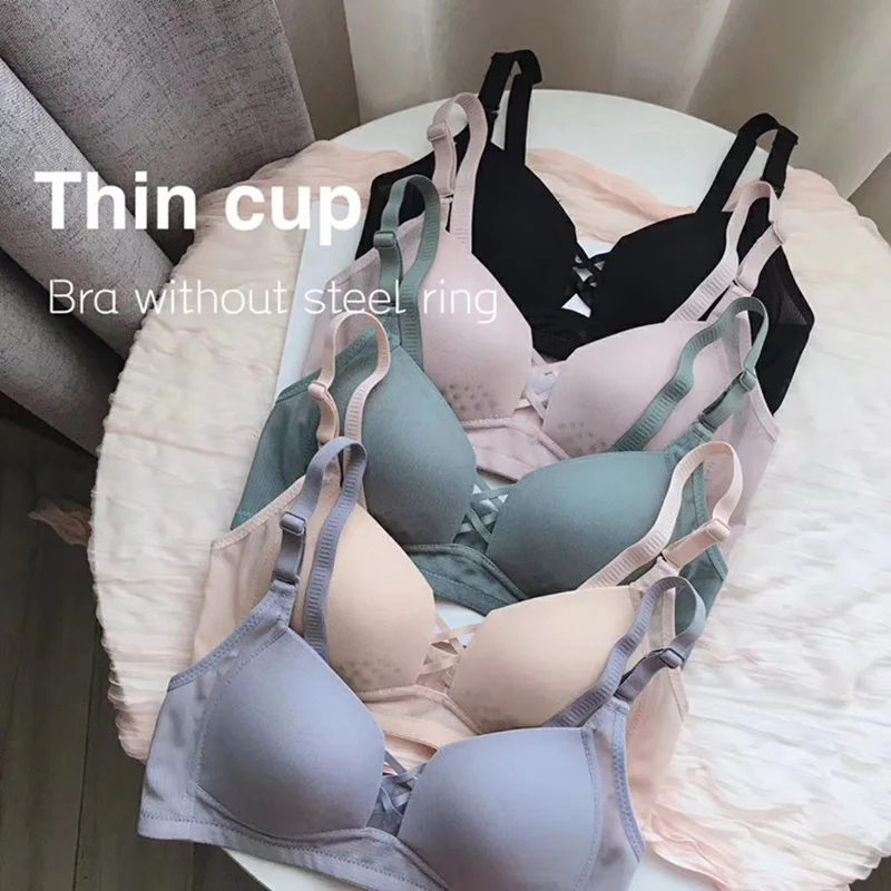 Women Bra Wire Free Girls Breathable Underwear Sexy Cross Cleavage Stoma Seamless Thin Cup Push Up