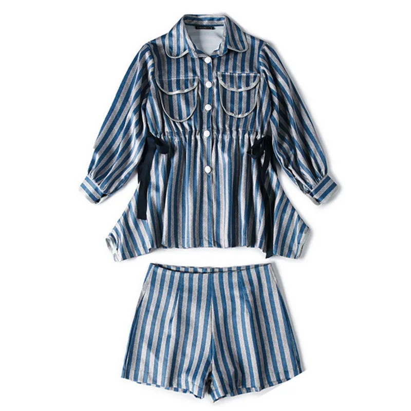 

YUZACDWX 2024 New product Vintage Denim Women 2 Pices SetsStriped shirt and Loose wide leg shorts Outfits Femme