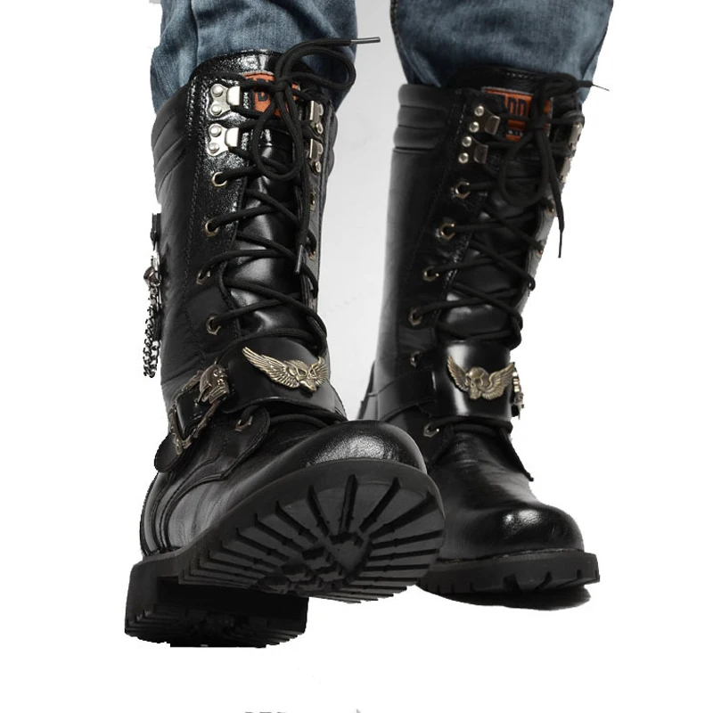 ZERO MORE Brand Army Boots Men Chain Military Mens Boots Skull Metal Buckle Lace Up Male Motorcycle Punk Boots Men's Shoes Rock