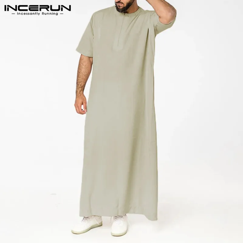 Saudi Stijl Rits Jubba Thobe Incerun Mannen Effen Kleur Gewaden Man Vintage Korte Mouw O Hals Moslim Arabische Islamitische Kleding s-5XL