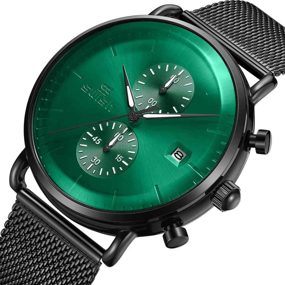 Sports Chronograph Watches Men Black Stainless Steel Quartz Wristwatch Waterproof Mens Business Clock Relogio Green Masculino