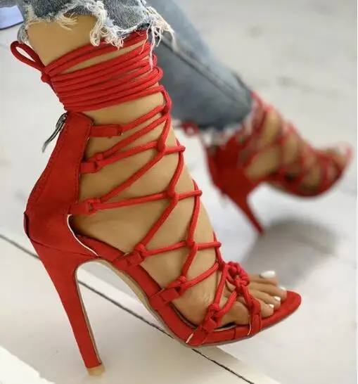 Sandálias femininas de salto fino, sapatos de verão, com amarração cruzada, corda, verde/vermelho/branco/rosa, gladiador, sapatos de festa, sexy, para mulheres