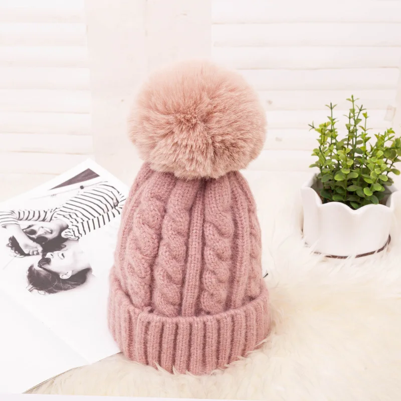 Fashion Knitted Winter Hat Striped Women\'s Winter Hats 2022 Pink Fur Pompom Wool Beanies Thick Skullies Cap Faux Pom pom Hat