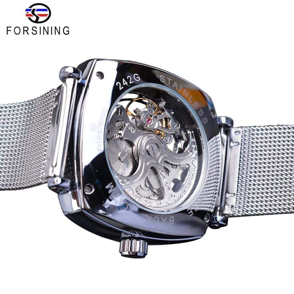 Forsining New Fashion Mechanical Watch For Men Square Automatic Skeleton Analog Silver Slim Mesh Steel Band Watch Relojes Hombre