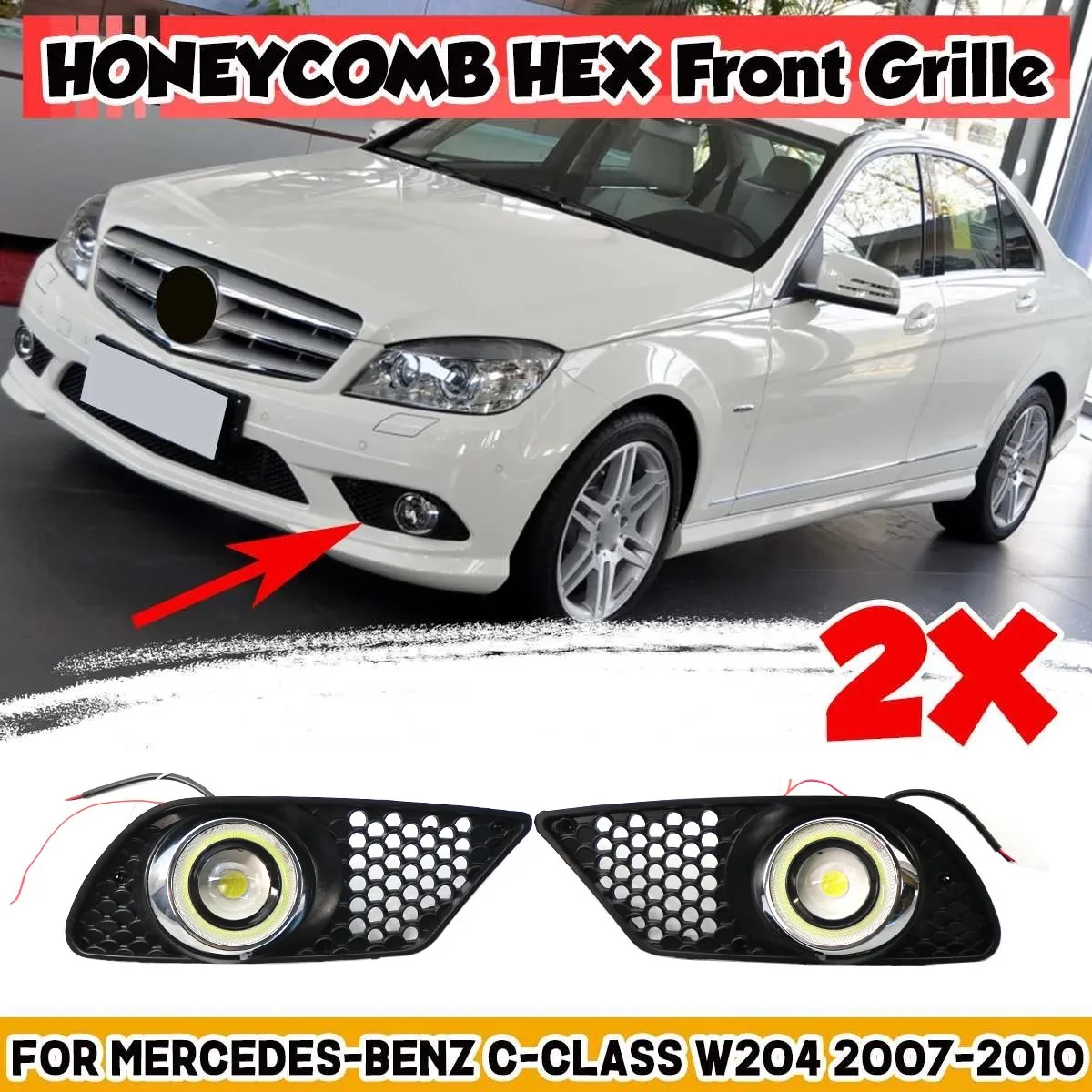 Car Front Fog Light Grille Grill Cover Honeycomb With Fog Lamps For MERCEDES BENZ C-Class W204 2007-2010 A2048850353 A2048850253