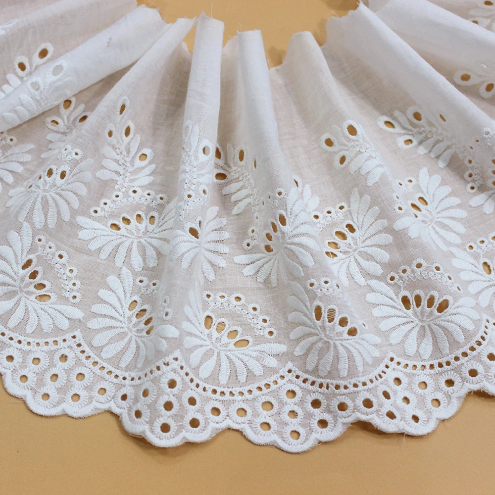 1Y White Cotton embroidery Lace Fabric DIY Trims Warp Knitting Sewing Accessories